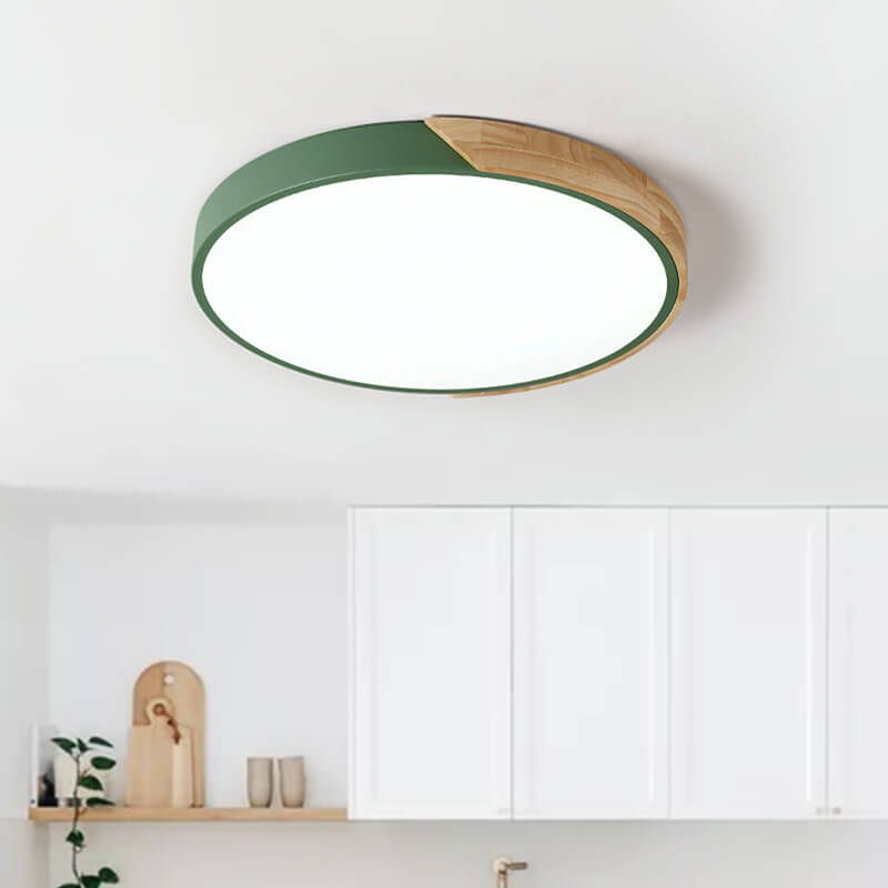 Dimmable Metal and Wood Circle Flush Mount Ceiling Light