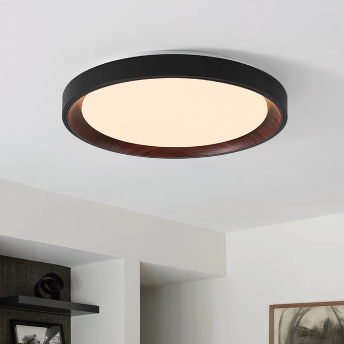Modern Dimmable Walnut Wood Round LED Flush Mount Light