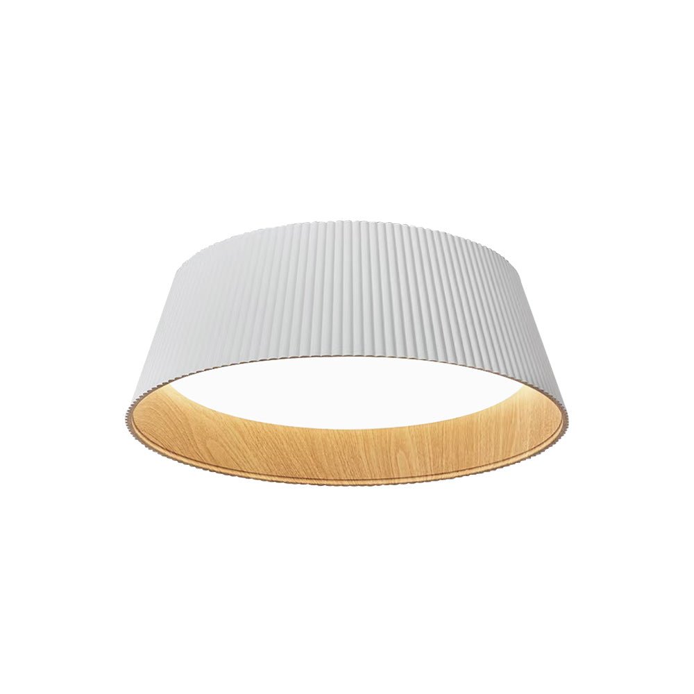 Fluted White Metal Drum Flush Ceiling Light, Wood-Tone Lining, Integrated LED, Set of 2, Hallway, Landing & Living Room