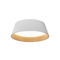 Fluted White Metal Drum Flush Ceiling Light, Wood-Tone Lining, Integrated LED, Set of 2, Hallway, Landing & Living Room