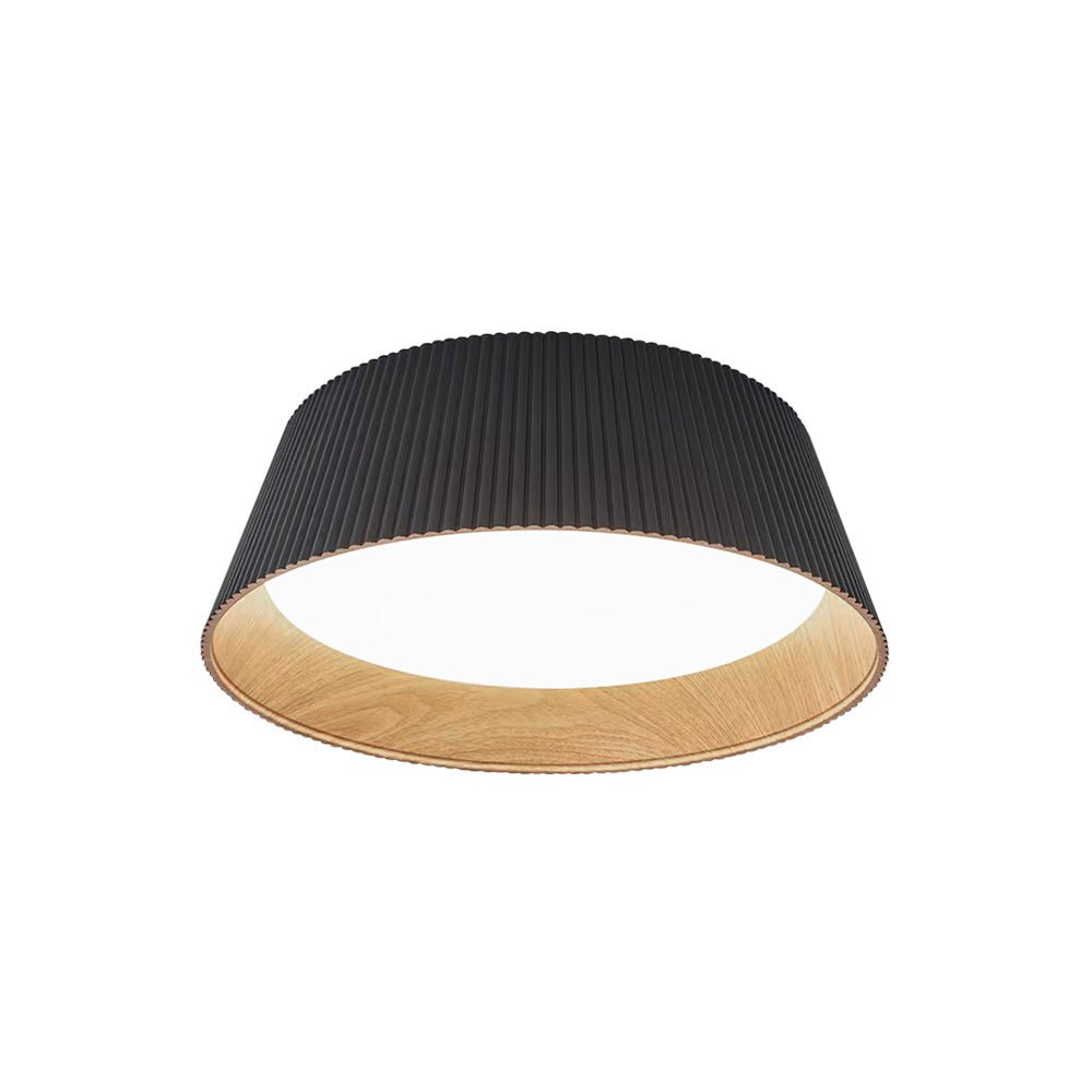 Fluted White Metal Drum Flush Ceiling Light, Wood-Tone Lining, Integrated LED, Set of 2, Hallway, Landing & Living Room
