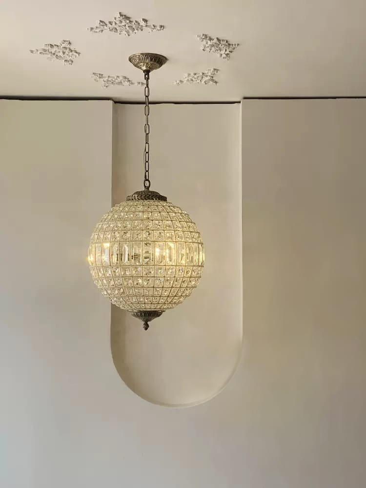 Faceted Crystal Sphere Chandelier, 3 Light Antique Brass Chain, Ornate Ceiling Rose, Set of 2, Hallway & Living Room