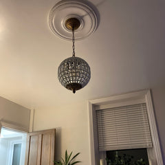 Faceted Crystal Sphere Chandelier, 3 Light Antique Brass Chain, Ornate Ceiling Rose, Set of 2, Hallway & Living Room
