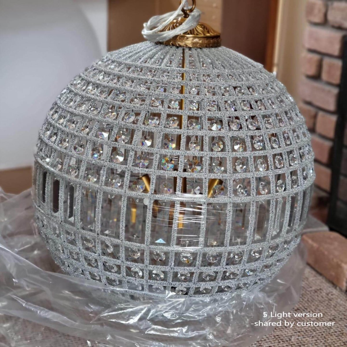 Faceted Crystal Sphere Chandelier, 3 Light Antique Brass Chain, Ornate Ceiling Rose, Set of 2, Hallway & Living Room
