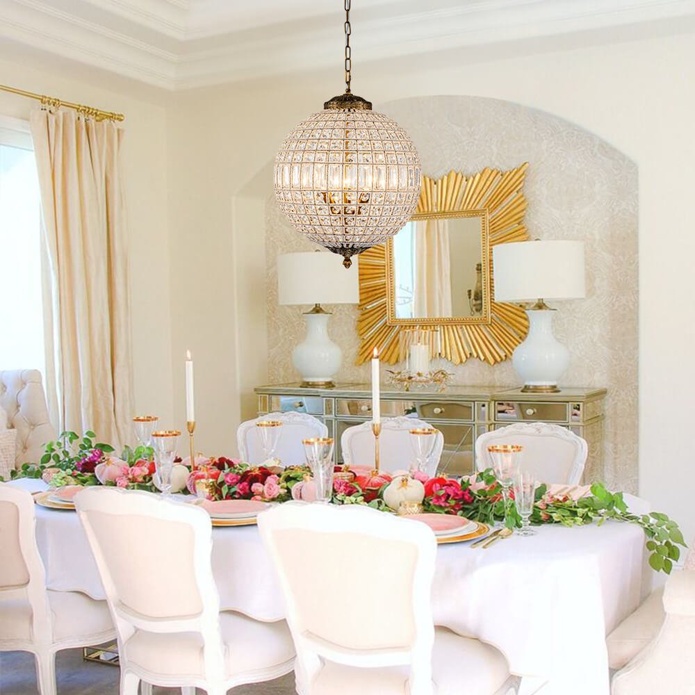 Faceted Crystal Sphere Chandelier, 3 Light Antique Brass Chain, Ornate Ceiling Rose, Set of 2, Hallway & Living Room