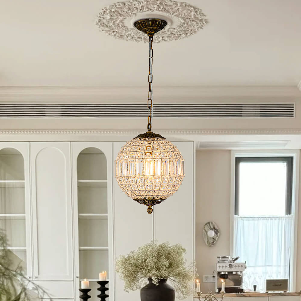 Faceted Crystal Sphere Chandelier, 3 Light Antique Brass Chain, Ornate Ceiling Rose, Set of 2, Hallway & Living Room