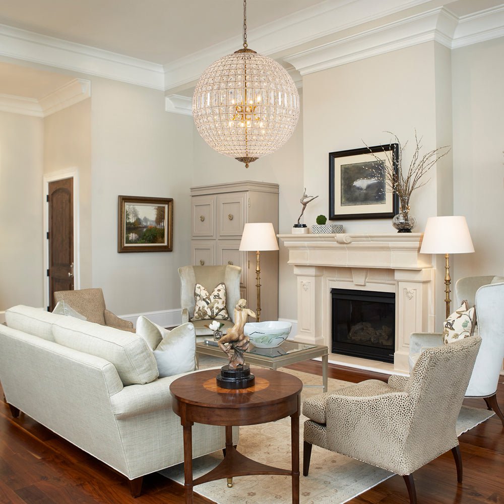 Faceted Crystal Sphere Chandelier, 8 Light Antique Brass Chain, Ornate Ceiling Rose, Set of 2, Hallway & Living Room