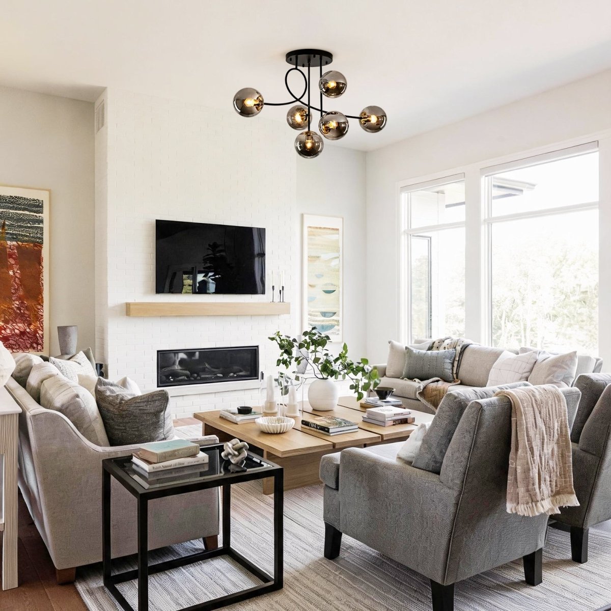 Smoked Glass Sphere Branch Chandelier, Brass Frame, 6-Light Layout, Set of 2, Bulbs Not Included, Dining Room & Living Room