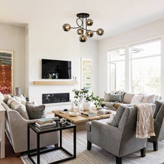 Smoked Glass Sphere Branch Chandelier, Brass Frame, 6-Light Layout, Set of 2, Bulbs Not Included, Dining Room & Living Room