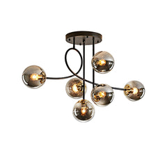 Smoked Glass Sphere Branch Chandelier, Brass Frame, 6-Light Layout, Set of 2, Bulbs Not Included, Dining Room & Living Room