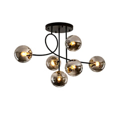 Smoked Glass Sphere Branch Chandelier, Brass Frame, 6-Light Layout, Set of 2, Bulbs Not Included, Dining Room & Living Room