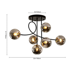 Smoked Glass Sphere Branch Chandelier, Brass Frame, 6-Light Layout, Set of 2, Bulbs Not Included, Dining Room & Living Room