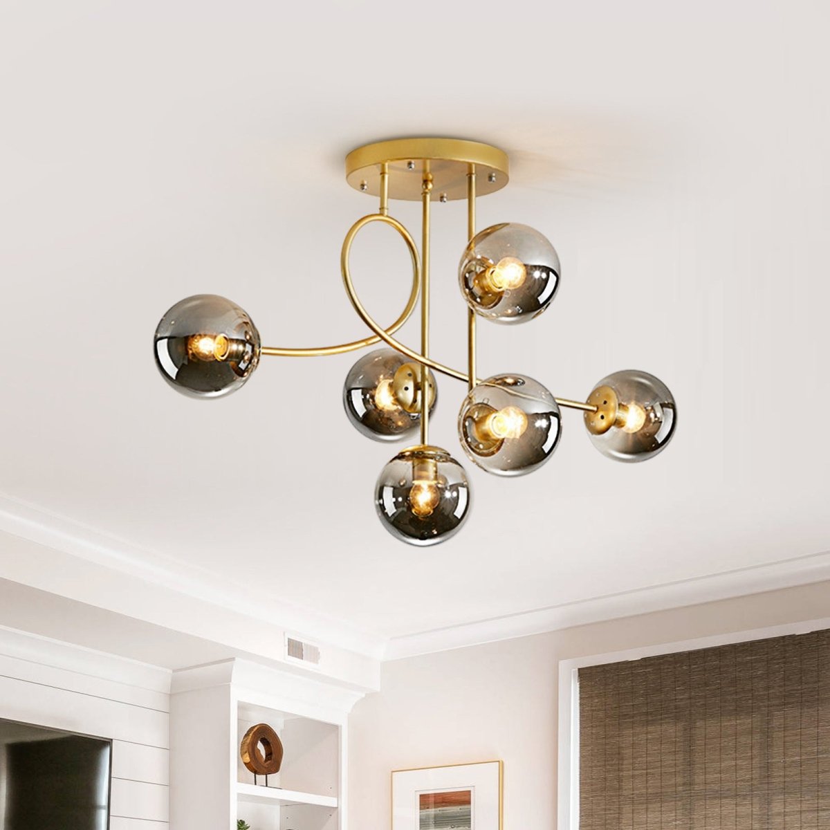 Smoked Glass Sphere Branch Chandelier, Brass Frame, 6-Light Layout, Set of 2, Bulbs Not Included, Dining Room & Living Room