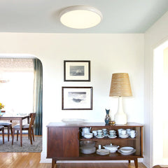Glossy White Disc Flush Ceiling Light, Plain Finish, Matte Acrylic Diffuser Centre, Hallway, Living Room & Bedroom