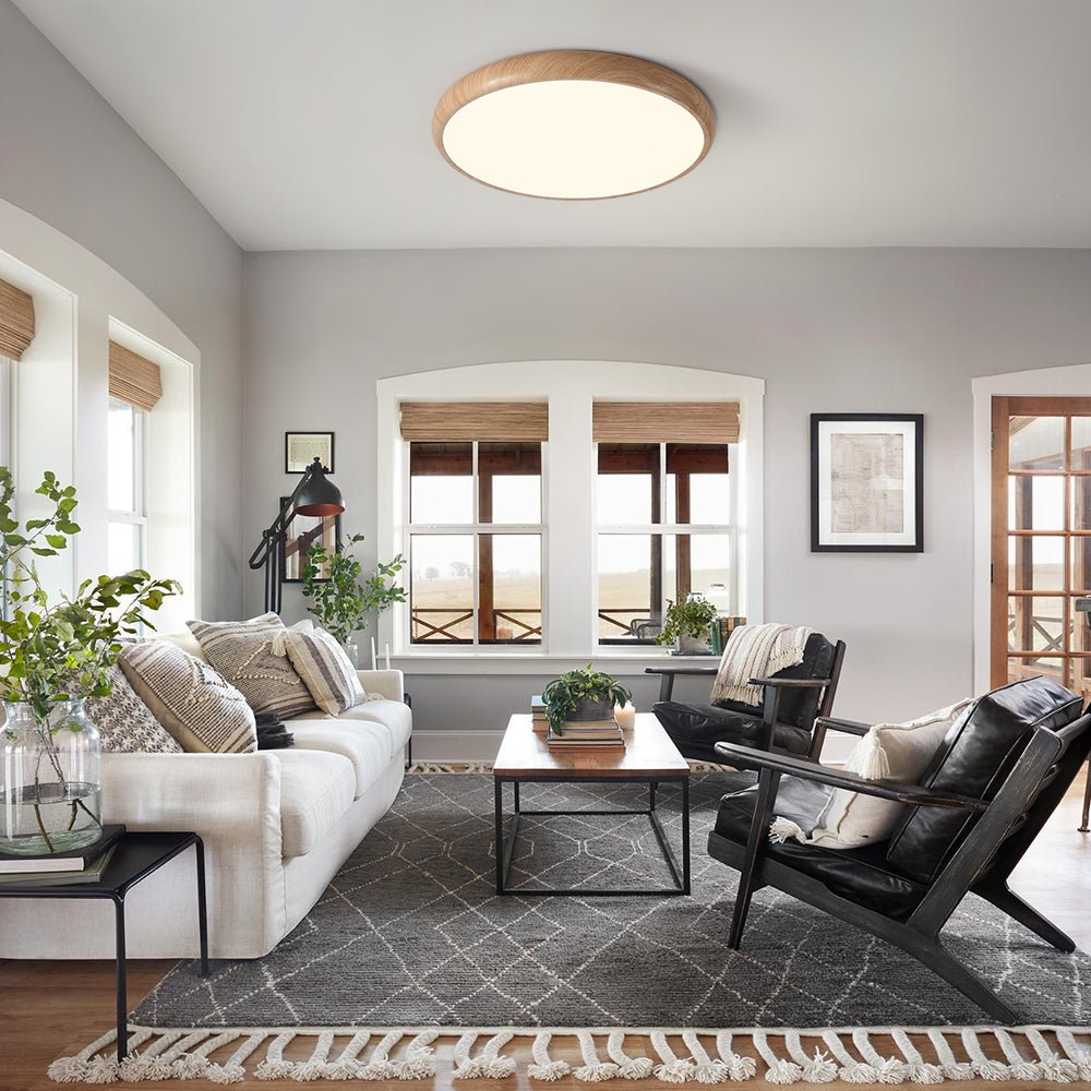 Glossy Walnut Grain Disc Flush Ceiling Light, Dark Tone, Printed Grain Detail Over Metal, Hallway, Living Room & Bedroom