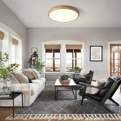 Glossy Walnut Grain Disc Flush Ceiling Light, Dark Tone, Printed Grain Detail Over Metal, Hallway, Living Room & Bedroom