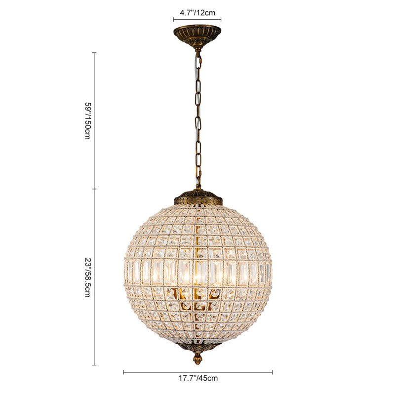 Faceted Crystal Sphere Chandelier, 3 Light Antique Brass Chain, Ornate Ceiling Rose, Set of 2, Hallway & Living Room