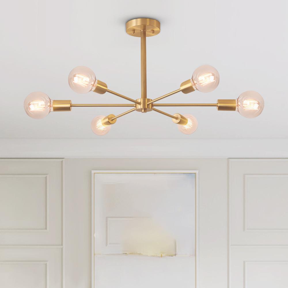Mid-Century Sputnik Brass Semi Flush Mount Chandelier