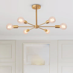 Mid-Century Sputnik Brass Semi Flush Mount Chandelier