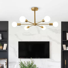 Mid-Century Sputnik Brass Semi Flush Mount Chandelier