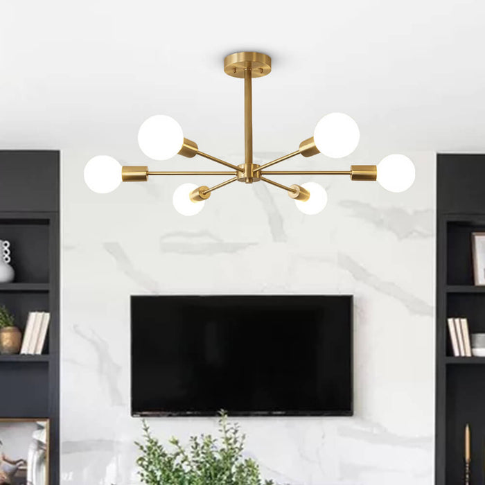 Mid-Century Sputnik Brass Semi Flush Mount Chandelier