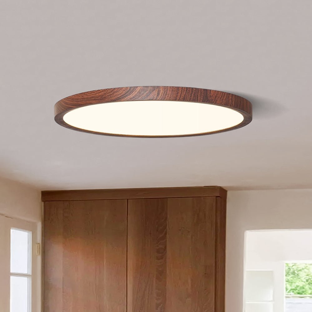 Dark Wood Effect Disc Flush Ceiling Light, 30cm, Ultra Thin Profile, Integrated LED, Bedroom, Living Room & Home Office