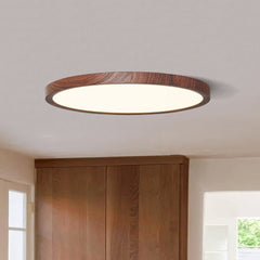 Dark Wood Effect Disc Flush Ceiling Light, 30cm, Ultra Thin Profile, Integrated LED, Bedroom, Living Room & Home Office