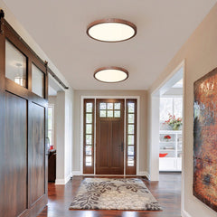 Dark Wood Effect Disc Flush Ceiling Light, 30cm, Ultra Thin Profile, Integrated LED, Bedroom, Living Room & Home Office