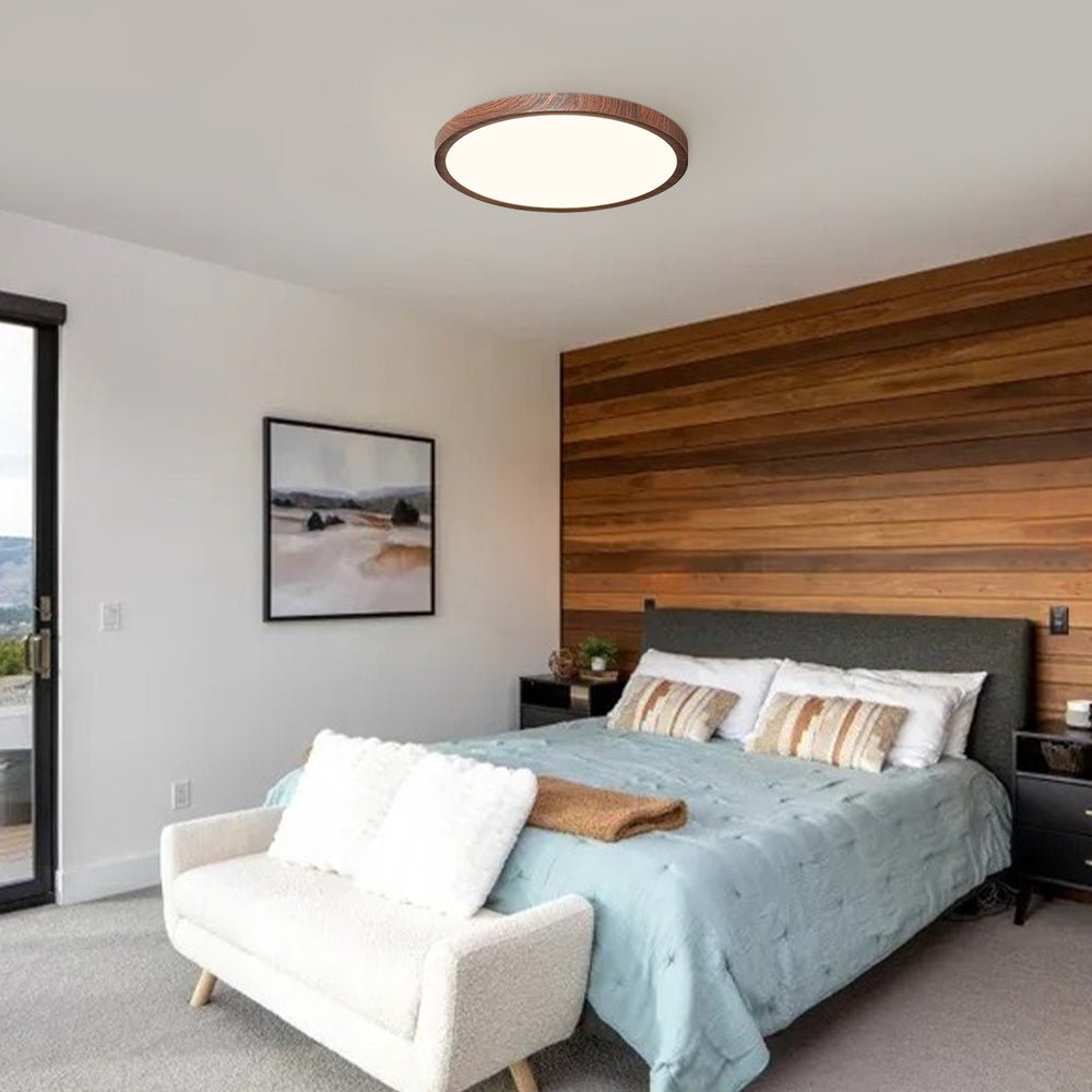 Dark Wood Effect Disc Flush Ceiling Light, 30cm, Ultra Thin Profile, Integrated LED, Bedroom, Living Room & Home Office