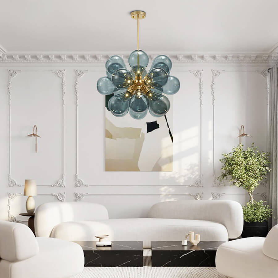 Modern Blue Blown Glass Bubble Sputnik Chandelier