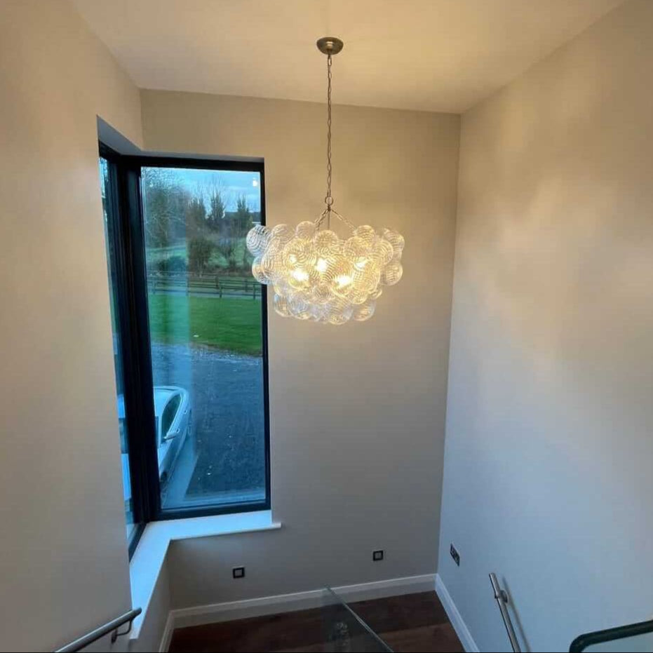Ribbed Glass Bubble Chandelier, Cloud Like Cluster on a 8 Light Polished Nickel Frame, Bulbs Not Included, Living Room