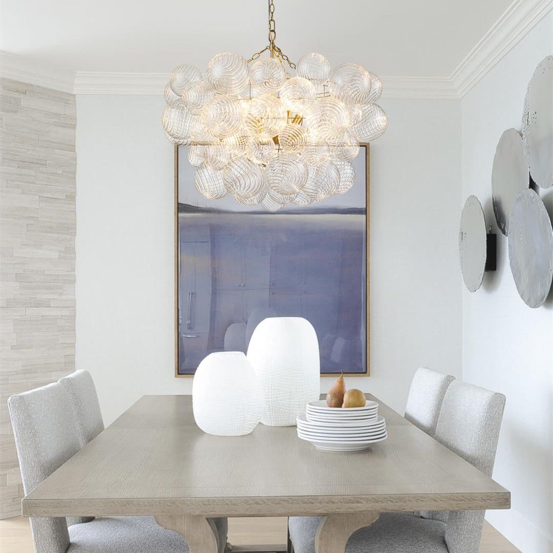 Ribbed Glass Bubble Chandelier, Cloud Like Cluster on a 3 Light Polished Nickel Frame, Bulbs Not Included, Living Room
