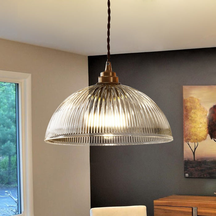 Modern Farmhouse Large Single Striped Glass Dome Pendant Light