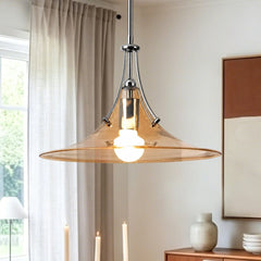 Amber Glass Bell Pendant Light, Polished Chrome Fitting, Adjustable Cord Suspension, Bulb Not Included, Kitchen Island & Dining Room
