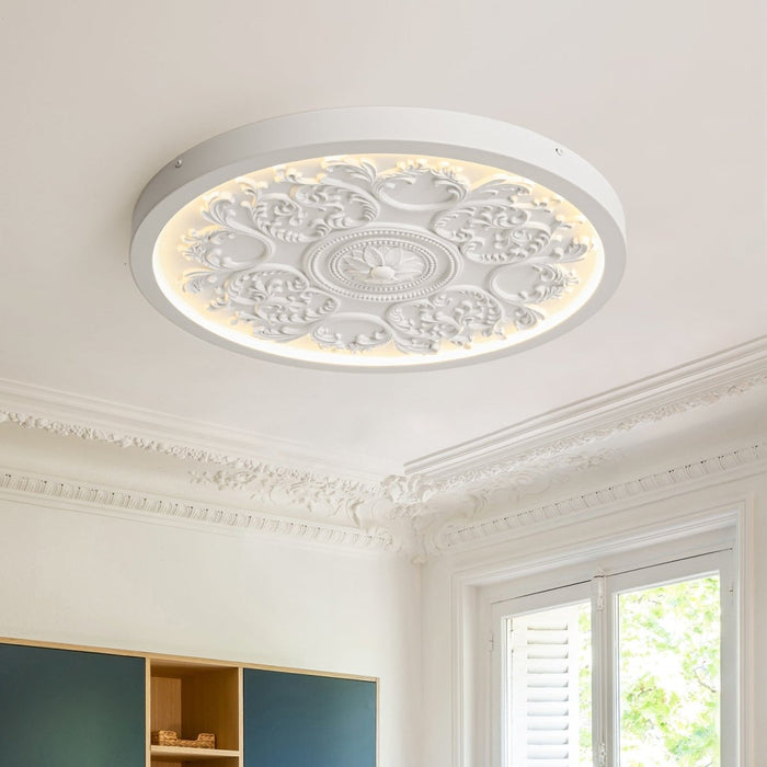 French Sculptural White Round LED Flush Mount Light