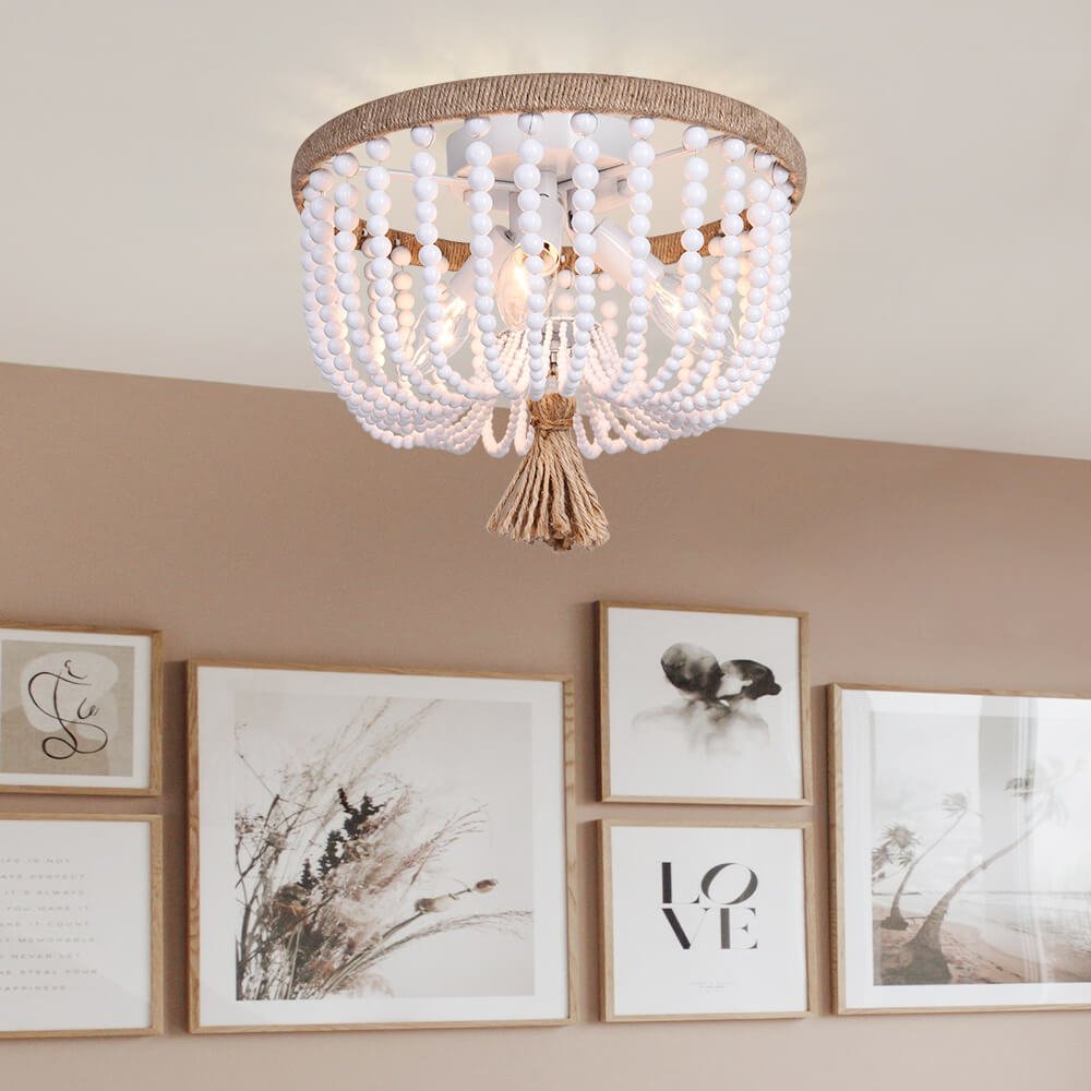 Wood Beaded Flush Mount Ceiling Chandelier Light