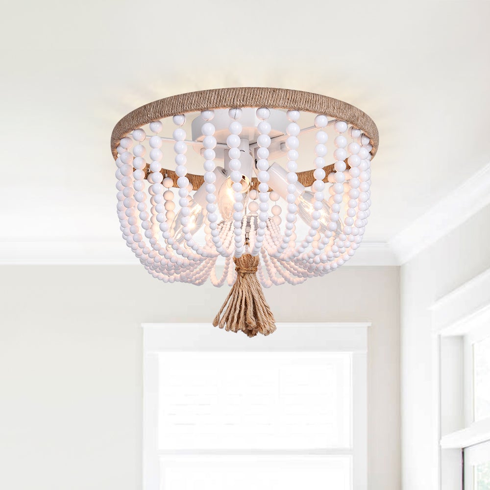 Wood Beaded Flush Mount Ceiling Chandelier Light