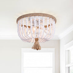 Wood Beaded Flush Mount Ceiling Chandelier Light